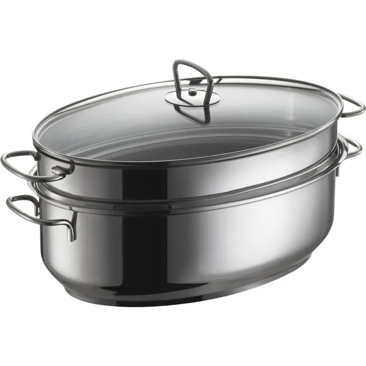 Berndes Specials Bräter Ovaler Edelstahlbräter 3-in-1, 4-tlg., mit Glasdeckel und Gittereinsatz, Schmortopf, Edelstahl, 8.5 L, 087597