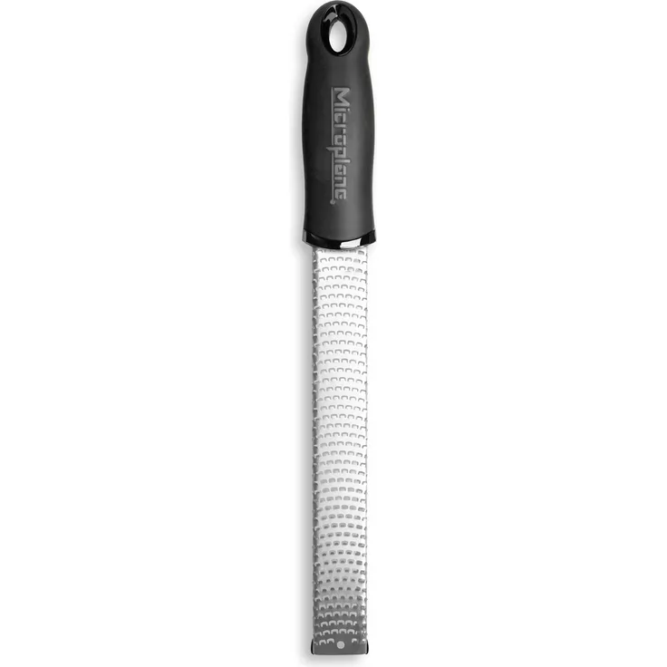 Microplane Zester Reibe Fein Schwarz Edelstahl aus der Premium Classic Serie für Zitrusfrüchte, Hartkäse, Ingwer, Schokolade, Muskatnuss und Trüffel