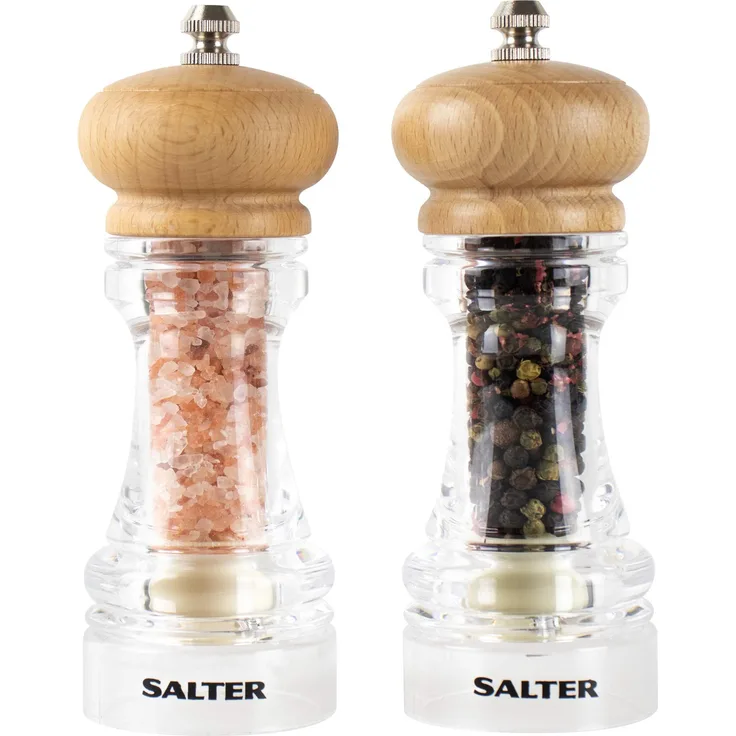 Salz- und Pfeffermühlen-Set, Küchenmühle aus Buchenholz, Keramikmühle für Härtere, Schärfere Mahlung, ideal für HIMALAYA-Salz und Pfeffer, Verstellbare Mühlen Fein- Grob Dispenser