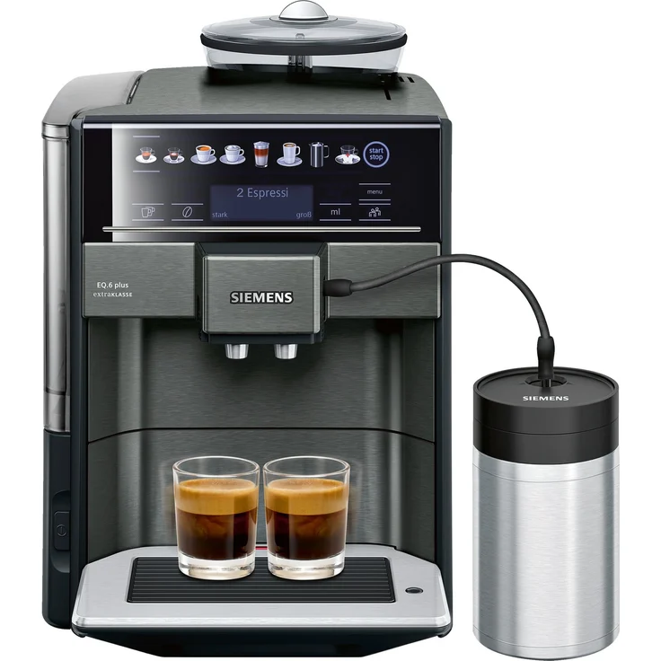 Siemens TE657F09DE EQ.6 plus extraKlasse Kaffeevollautomat, 1,7 l Wassertank, Keramikmahlwerk, Touchscreen-Display, schwarz-grau, mit Milchsystem – Bild 1