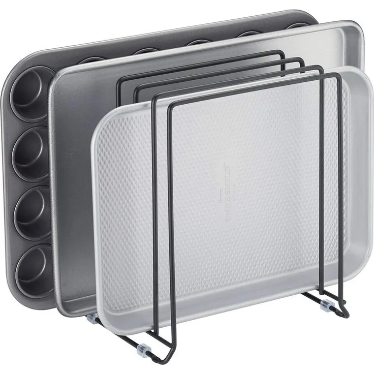 mDesign Geschirrablage aus Metall für Backbleche ? kompakter Topfdeckelhalter für den Küchenschrank ? platzsparender Ständer für Kochgeschirr ? schwarz
