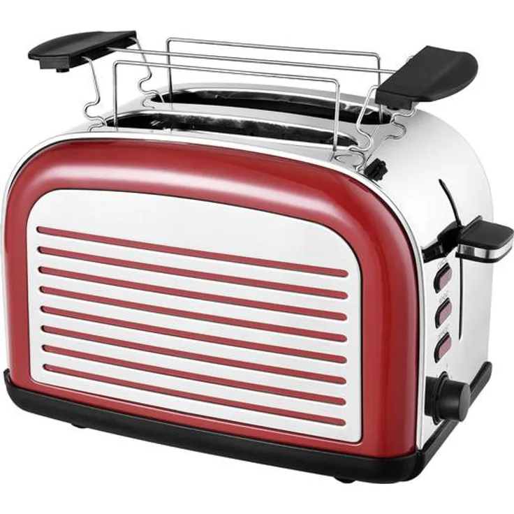 Team Kalorik 2-Scheiben-Toaster aus Edelstahl, Retro-Design, Separater Brötchenaufsatz, Integrierte Krümelschublade, 1050 W, Rot, TKG TO 2500 R