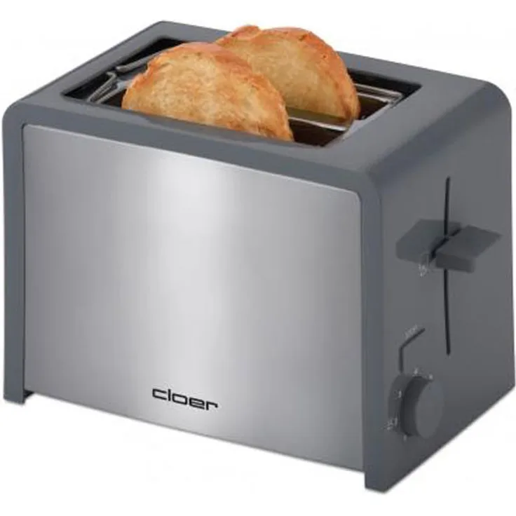 Cloer 3215 Doppelschlitztoaster, 825 W, für 2 Toastscheiben, 6 Bräunungsstufen, integrierter Brötchenaufsatz, Nachhebevorrichtung, Krümelschublade, grau