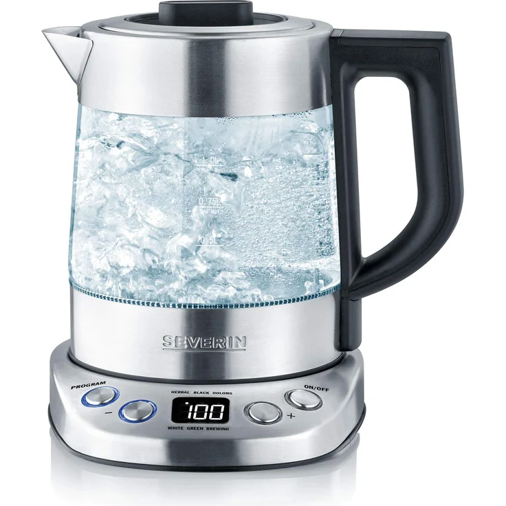 SEVERIN WK 3473 Glas-Tee--Wasserkocher Deluxe Mini (ca. 2.200 W, mit Temperaturregler, Für 1 L Wasser-0,75 L Tee) edelstahl-schwarz – Bild 1