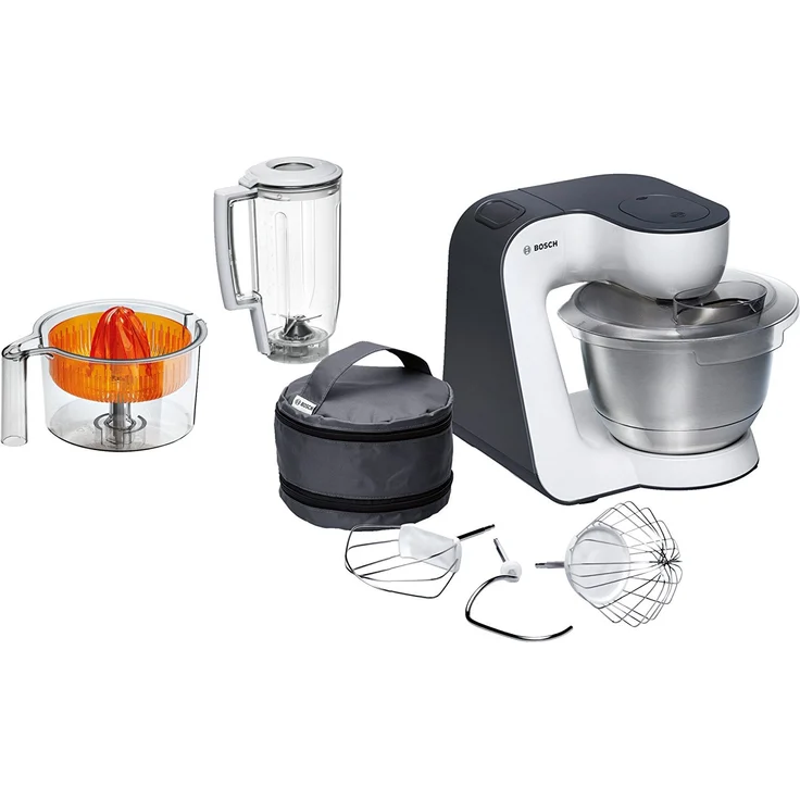 Bosch MUM50123 StartLine Küchenmaschine, 800W, 3,9L Edelstahlschüssel, 4 Geschwindigkeiten, inkl. Patisserie-Set, Standmixeraufsatz, Zitruspressenaufsatz, grau, Serie: MUM5 – Bild 1