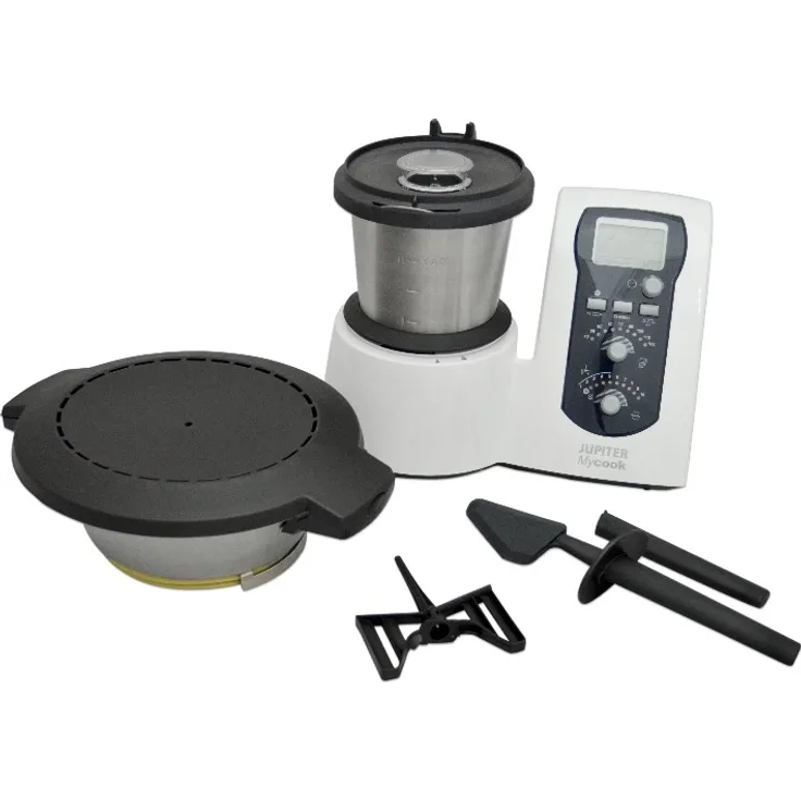 Jupiter 881100 Mycook 1.6 Foodprozessor mit Kochfunktion, 600W, 2L, 10 Geschwindigkeiten, inkl. Dampfgarer, weiß