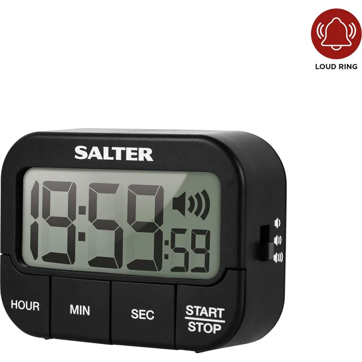 SALTER extralauter Küchentimer aus Kunststoff, Küchenuhr, Vorwärtszählen und Countdown Funktion, großes LCD Display, 3 einstellbare Töne-Lautstärken, Timer