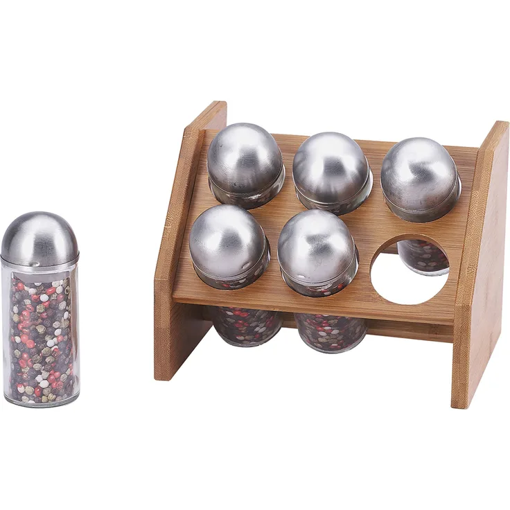 Bergner Renberg Wood Set mit 6 Gewürzstreuern, 18 x 13,5 x 14,5 cm, aus Bambus, Glas und Edelstahl
