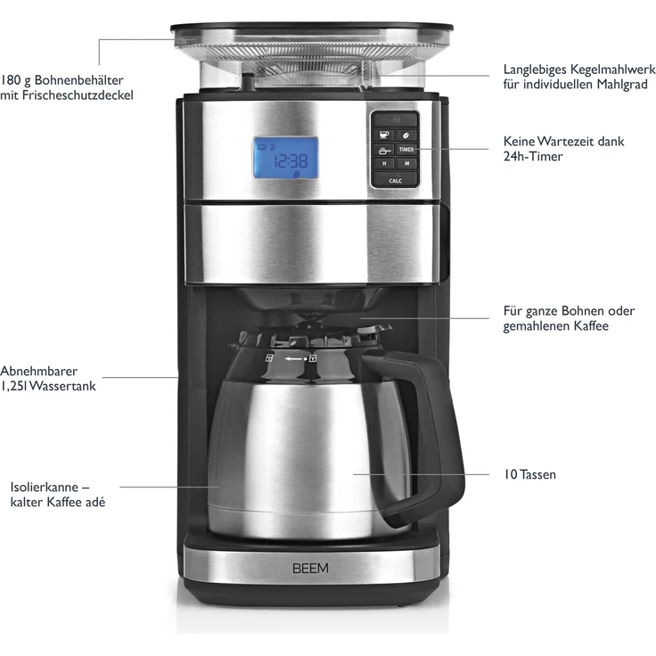 BEEM FRESH-AROMA-PERFECT II Filterkaffeemaschine mit Mahlwerk - Thermo, 1,25 l, silber-schwarz – Bild 3