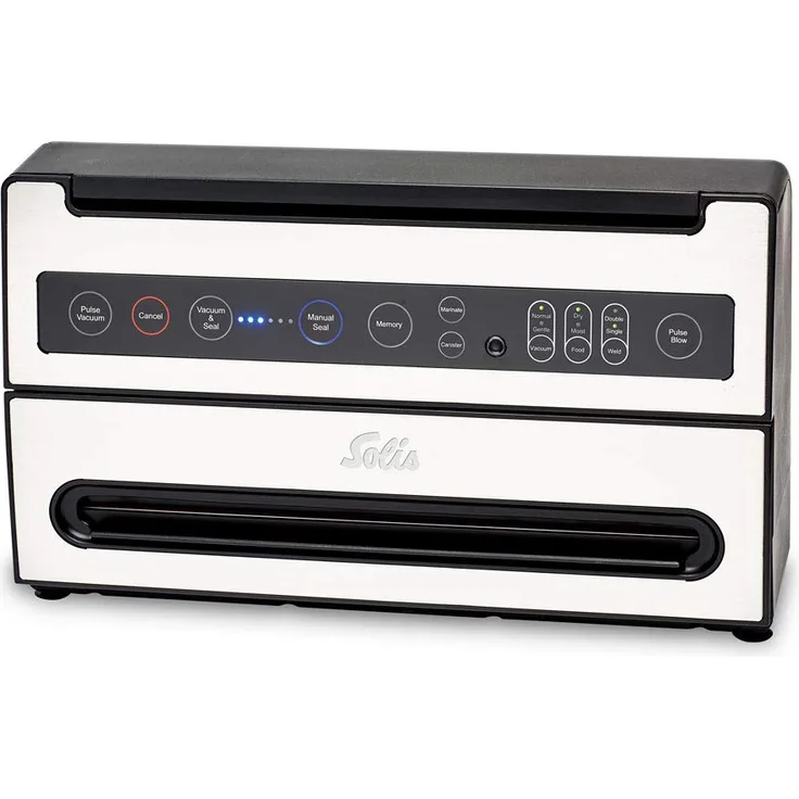 Solis 922.34 VertiVac Plus Vakuumiergerät, Für trockene, feuchte und empfindliche Lebensmittel, Pulse Vakuum-, Pulse Blow-, Memory- und Marinierfunktion, Mit Rollenfach und Folienschneider, edelstahl, schwarz