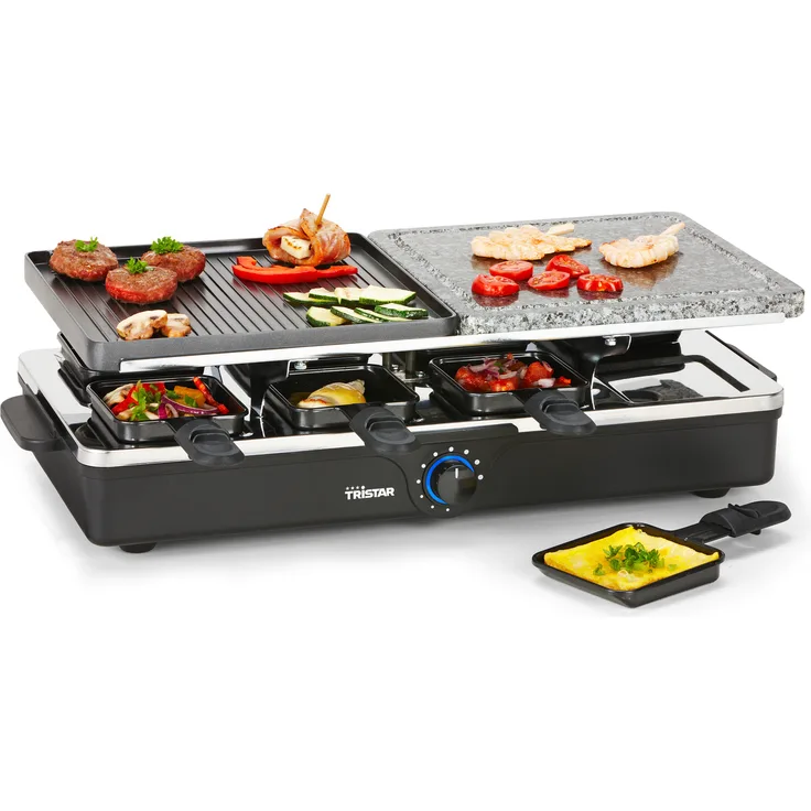 Tristar Raclette Grill- Steingrill für bis zu 8 Personen - mit 8 Pfännchen und wechselbarer Grillplatte, RA-2992 