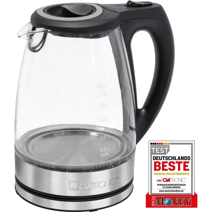 Clatronic Glas-Wasserkocher WKS 3744 G, 1,7 Liter Füllmenge, Glas--Edelstahlgehäuse, kabellose Technik - leichtes Ein- und Ausgießen, verriegelter Sicherheitsklappdeckel, 360° drehbare Steckverbindung