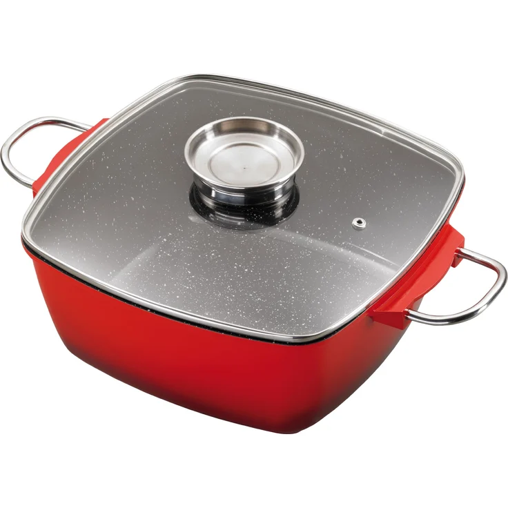 King B333R Aluguss-Bräter mit Glasdeckel und Aromaknopf, Fusion beschichtet, Größe circa 28 x 28 cm, rot – Bild 1