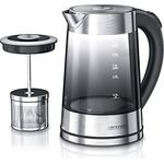 Arendo Glas-Wasserkocher, 1850W, 1,7L, Temperatureinstellung, inkl. Teesieb, wählbare Temperatursstufen, Edelstahl