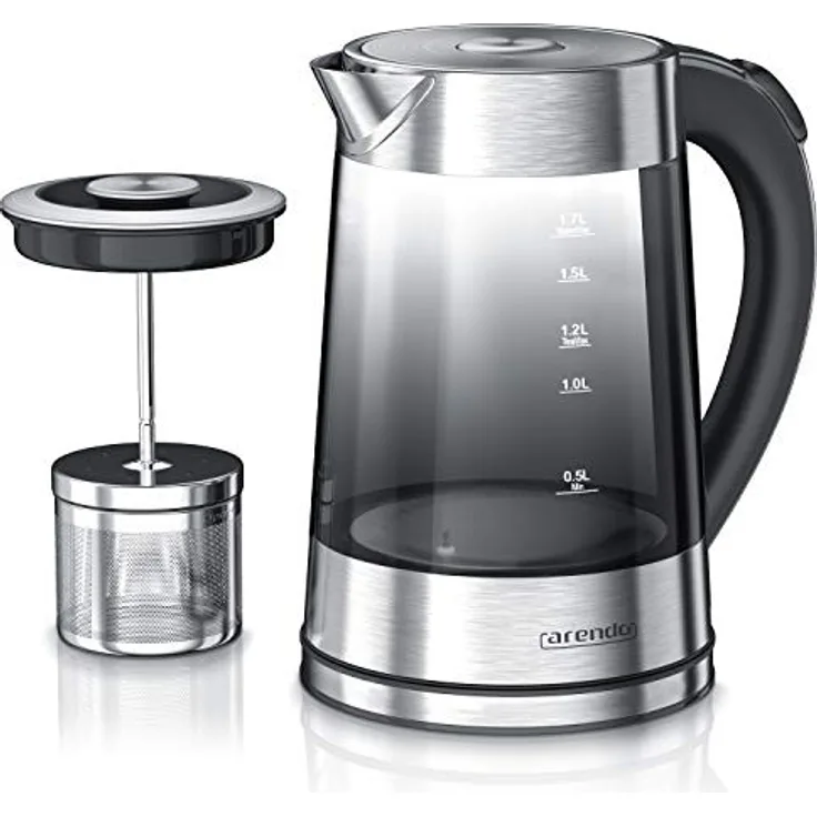 Arendo Glas-Wasserkocher, 1850W, 1,7L, Temperatureinstellung, inkl. Teesieb, wählbare Temperatursstufen, Edelstahl