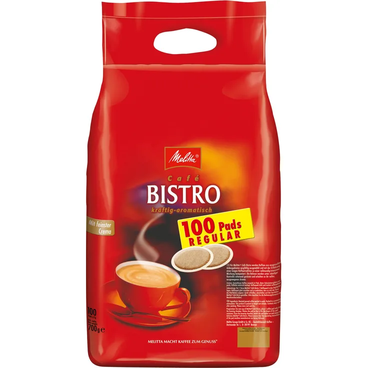 Melitta Gemahlener Röstkaffee in Kaffeepads, 100 Pads, mit feinster Crema, kräftig-aromatisch, Melitta Bistro regular, 100er Beutel, 700g