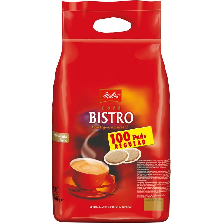 Melitta Gemahlener Röstkaffee in Kaffeepads, 100 Pads, mit feinster Crema, kräftig-aromatisch, Melitta Bistro regular, 100er Beutel, 700g