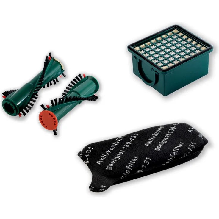eVendix Filterset passend für Vorwerk Kobold VK 130, 131: 1 Hygiene-Mikrofilter + 1 Aktivkohlefilter + 2 Rundbürsten ET 340, EB 350, 351 (1 Paar)