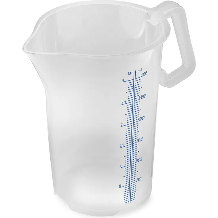 thermohauser Messbecher m. geschlossenem Griff, 3000 ml, Kunststoff PP, blaue Skala in Litern und Millilitern