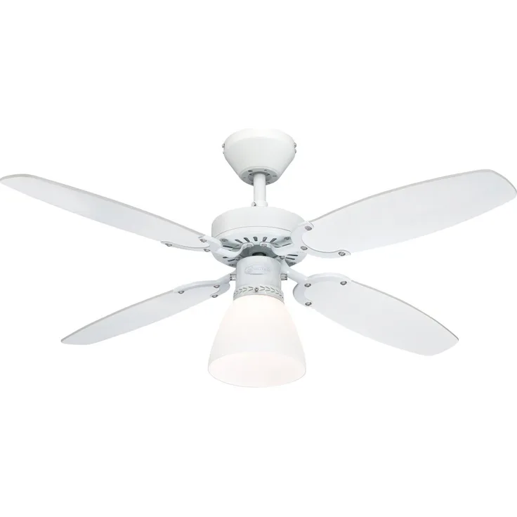 Westinghouse Lighting Capitol, Deckenventilator, Einzelleuchte mit Opalmilchglas, metall, 42 W, Ausführung in Weiß mit Wendeflügeln in Weiß|Buche, 105 x 105 x 44 cm