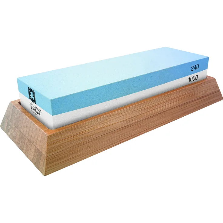 Richardson Sheffield RAX15 Japanischer Wasserstein, Nass-Schleifstein, Körnung 240 (grob)- 1000 (fein), Abziehstein, Messerschärfer, Korund, Bambus-Holz, Blau-Weiß