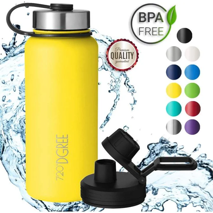 Trinkflasche Doppelwandig Edelstahl 950ml Isolierflasche m. Gratis Sportdeckel 720 DGREE noLimit lemon yellow – Bild 1