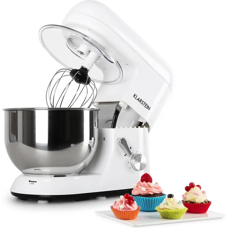 Klarstein TK1 Bella Bianca Küchenmaschine, 1200 Watt, 1,6 PS, 5, 2 Liter, planetarisches Rührsystem, 6-stufige Geschwindigkeit, Edelstahlschüssel, weiß