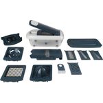 FACKELMANN Multi-Schneider #easyprepare, hochwertiger Multizerkleinerer, Gemüsezerkleinerer mit 11 verschiedenen Aufsätzen, sicherer Halt durch Anti-Rutsch-Füße (Farbe: Weiß-Blau-Grau), 1 x 16 Teile