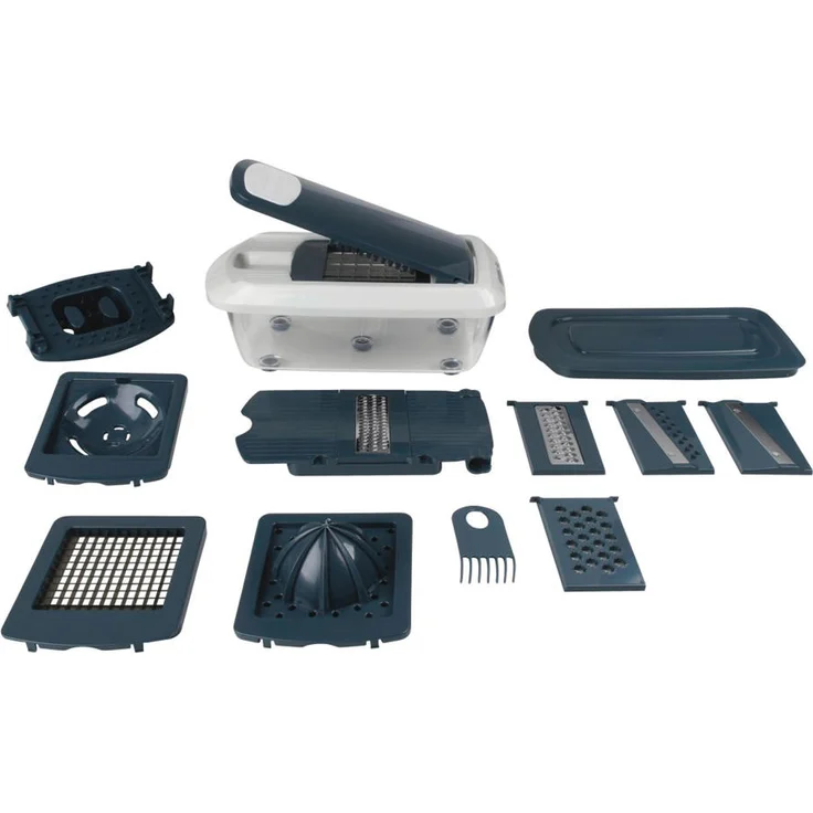 FACKELMANN Multi-Schneider #easyprepare, hochwertiger Multizerkleinerer, Gemüsezerkleinerer mit 11 verschiedenen Aufsätzen, sicherer Halt durch Anti-Rutsch-Füße (Farbe: Weiß-Blau-Grau), 1 x 16 Teile – Bild 1