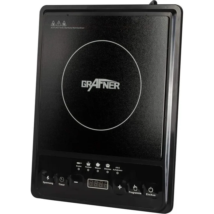 Grafner IK10860 Induktions-Kochplatte, 2000 Watt, 8 Temperaturstufen, 5 Programme, 180 Minuten Timer, Überhitzungsschutz, Soft-Touch-Tasten, rutschfeste Gummifüße