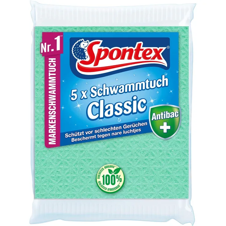 Spontex Schwammtuch Classic Antibac, mit antibakteriellem Schutz für hygienische Reinigung, 1-er pack, (1 x 5 Stück)