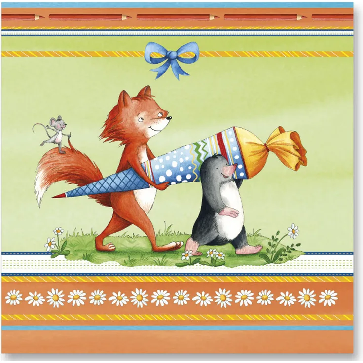 Serviette Schulanfang 33 x 33 cm ''Flinki Und Schlau''