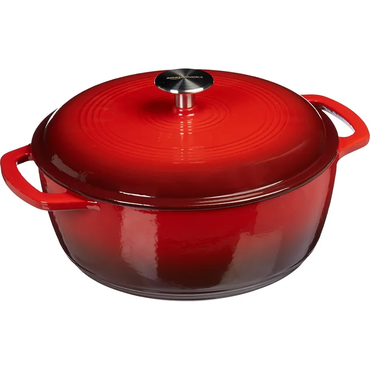 AmazonBasics Bräter Schmortopf aus liertem Gusseisen, 4 L, Rot