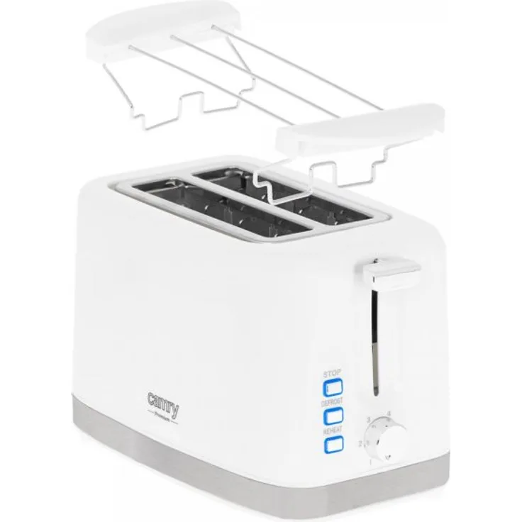 Camry CR 3219 2-Scheiben-Toaster, 6 Bräunungsstufen, 900 W, Brötchenaufsatz, Auftaufunktion, Aufwärmfunktion, weiß