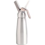 Mastrad Mousse und Sahne Spender für warme und kalte Saucen, Schlagsahne Spender mit Reinigungsbürste und drei Dekorationsdüsen, Aluminium, Silber, 0,5 Liter
