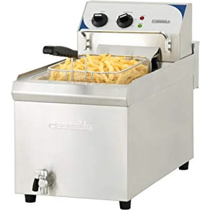 Casselin CFEV10TB Elektrische Fritteuse mit Ablassventil, mit Öl, 9000 W, 10 Liter Fassungsvermögen, beige, Edelstahl 18-8