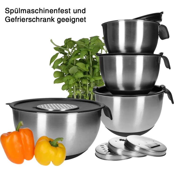 Edelstahl Rührschüssel 18-10 inkl. Deckel und 4 Gemüsereiben mit Griff 13-teilig