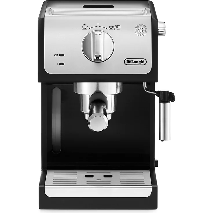 De'Longhi ECP 33.21 Espresso Siebträgermaschine , Siebträgerhalter mit Aluminium Finish , Milchschaum Düse , Filtereinsatz für 1 oder 2 Tassen Espresso , Auch für Pads Geeignet , Schwarz-Silber – Bild 1