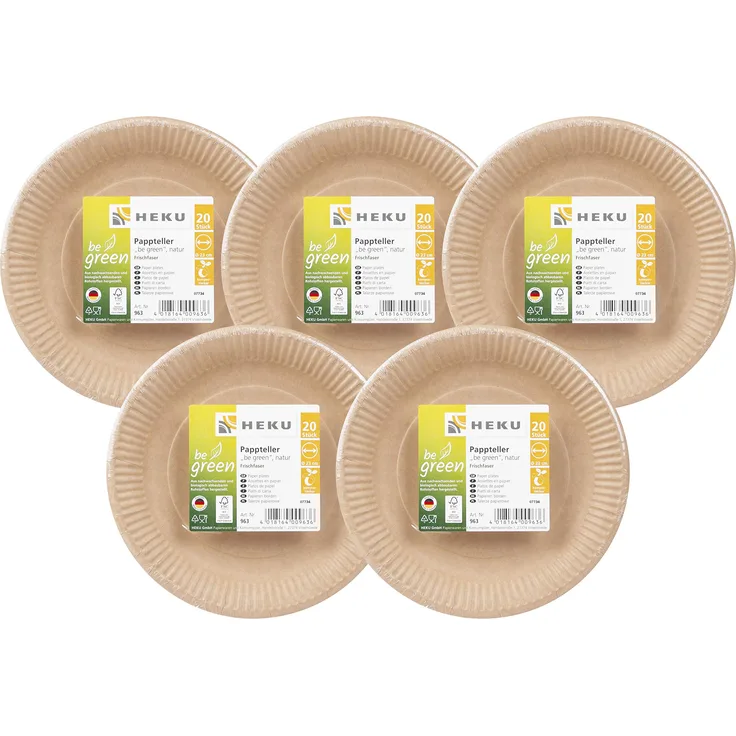 HEKU 30963: 100 Bio-Pappteller be Green, rund, Ø23cm, Frischfaser, FSC-Zertifiziert,