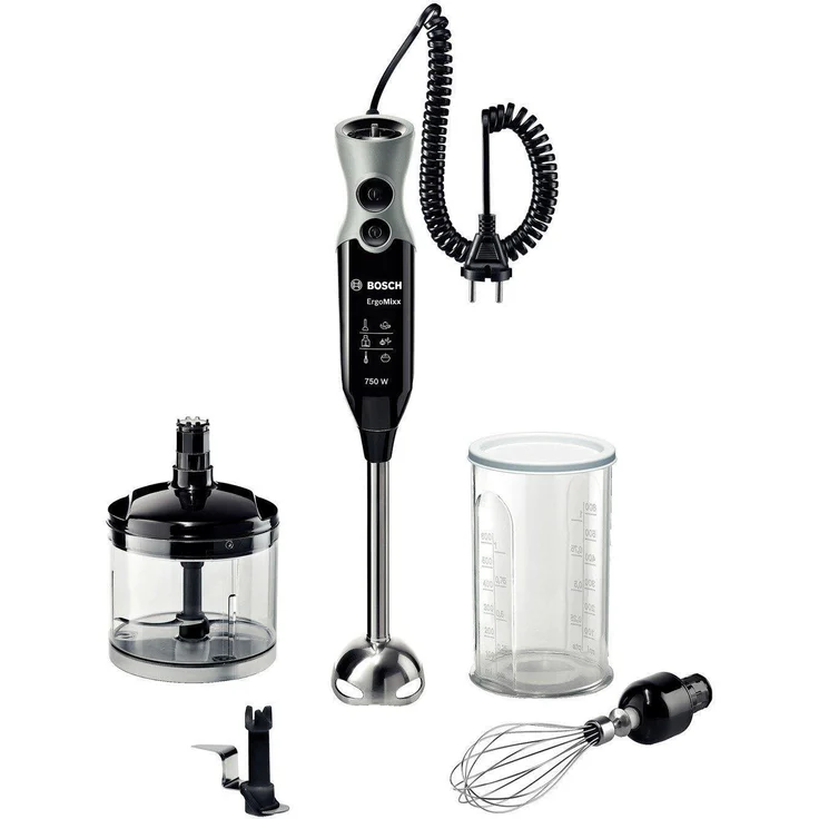 Bosch MSM67170 ErgoMixx Stabmixer-Set (Edelstahl-Mixfuß, Spiralkabel, Zerkleinerer, Schneebesen, Mixbecher, 12 Geschwindigkeitsstufen, 750 Watt) schwarz-grau – Bild 1
