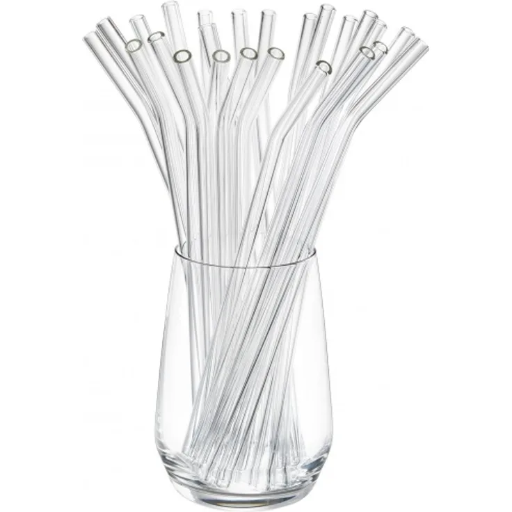Glastrinkhalm FUTURE, 23 cm gebogene Form, 25 Stück transparent mit 2 Bürsten