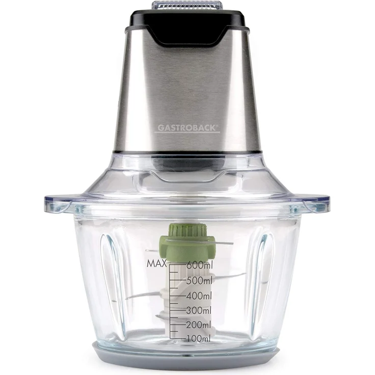 Gastroback 40961 Design Mini Chopper Plus, Multi-Zerkleinerer, 3 Edelstahl-Sichelmesser, 400 Watt, 1,2 Liter Glasbehälter, steel, edelstahldesign – Bild 1
