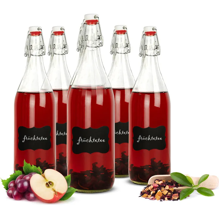 6 Glasflaschen mit Bügelverschluss 1000ml Tafelfeld Kreide Trinkflasche Drahtbügelflasche Ölflasche
