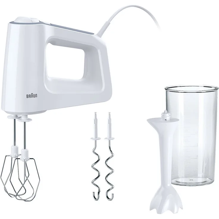 Braun MultiMix 3 Handmixer HM 3105, 500W, 5 Geschwindigkeitsstufen + Turbo-Funktion, inkl. Schneebesen, Knethaken, PowerBell Mixfuß und 600 ml Mix- und Messbecher, weiß