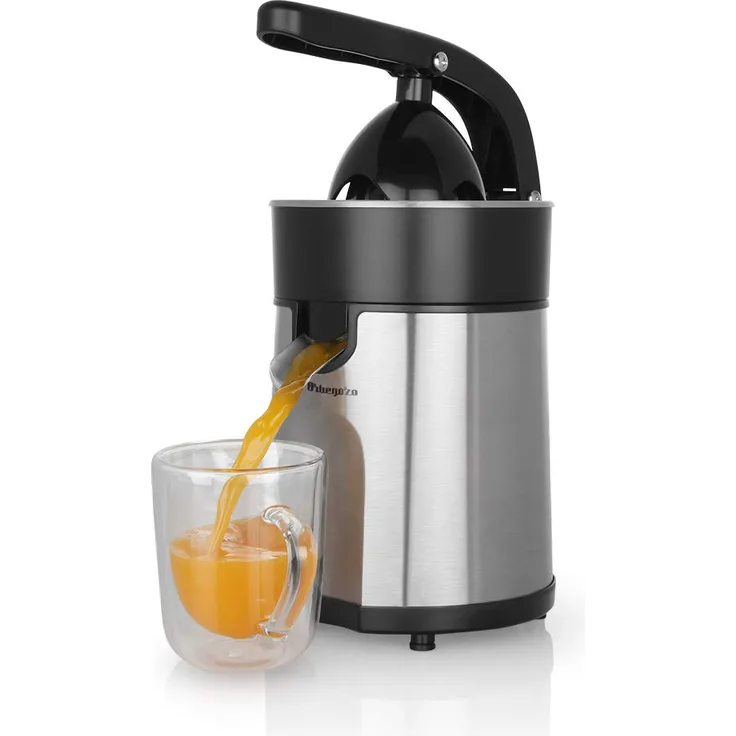 Orbegozo EP 4100 Elektrischer Saftpresse für Orangen, Gelenkarm, Edelstahl, 85 W, professionelles AC Motor, auslaufsicher, inkl. 2 Kegel für verschiedene Größen