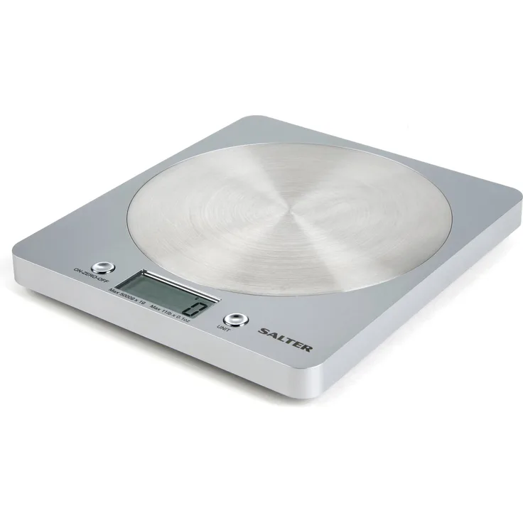 SALTER Digitale Küchenwaage mit Edelstahl Plattform, Elektronische Waage für die Küche, Wiegen von Lebensmitteln mit einer Kapazität von 5kg, Flüssigkeiten in ml + fl. Oz.