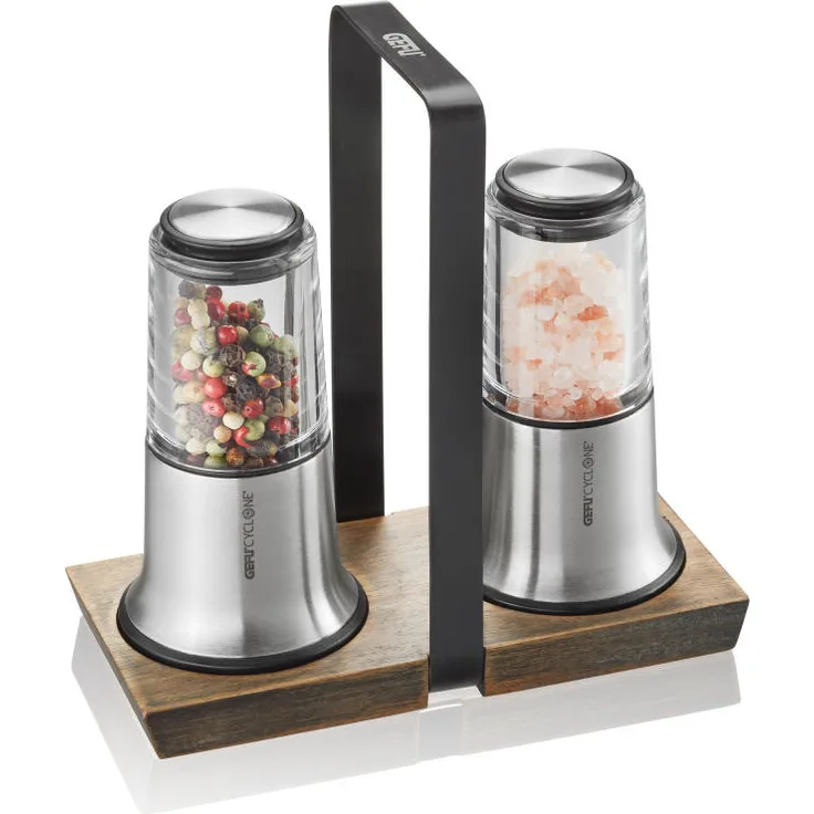 Gefu Salz- und Pfeffermühlen-Set X-Plosion, Salzmühle, Pfeffermühle, Gewürzmühle, Pfeffer Mühle, Keramikmahlwerk, Edelstahl - Akazienholz - Kunststoff, Schwarz - Silber, 34641