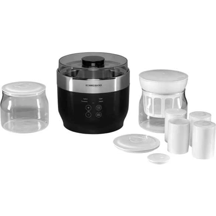 Rommelsbacher JG80 Jona Joghurt- und Frischkäsezubereiter inklusive 4 Keramik Portionsbecher à 125 ml mit Deckel, 2 XXL Glasbehälter à 1,2 Liter mit Deckel, Abtropfsieb mit Deckel, schwarz, edelstahl – Bild 4