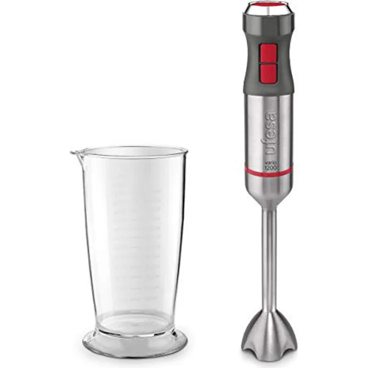 Ufesa BP4650 Vario 1200 Stabmixer, 1200W, 4 Edelstahlklinge, 20 Geschwindigkeiten, Turbofunktion, inkl. Messbecher, edelstahl, rot