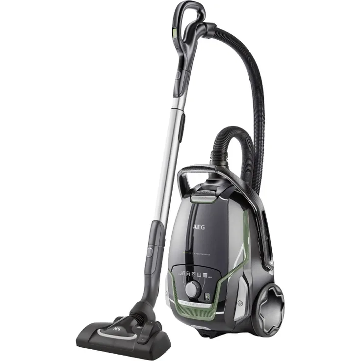 AEG VX9-2-ÖKO Staubsauger mit Beutel (70% Recyclingmaterial, inkl. Zusatzdüsen, 12 m, 850 Watt, nur 65 dB(A), 5 l Staubbeutelvolumen, waschbarer Filter, neue technische Version, schwarz-grün) 